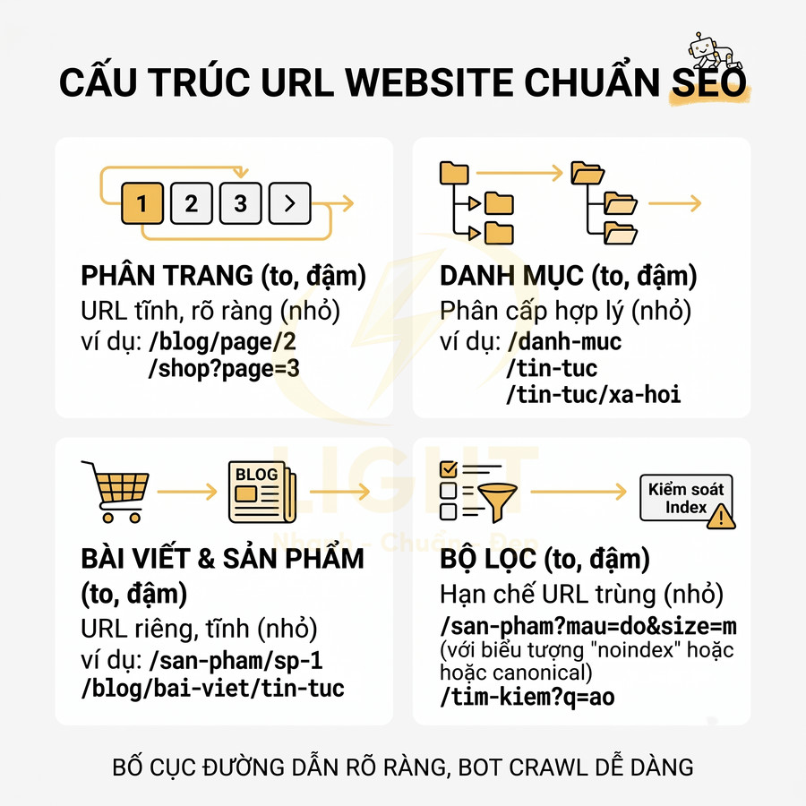 Cấu trúc URL website chuẩn SEO với phân trang, danh mục, bài viết sản phẩm và bộ lọc được minh họa trực quan
