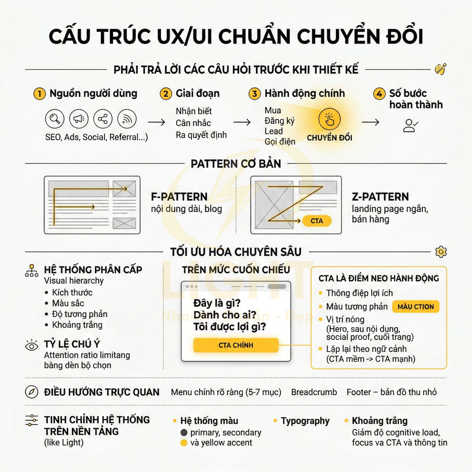 Cấu trúc UX UI chuẩn chuyển đổi với F pattern Z pattern CTA chính và hệ thống phân cấp nội dung trên giao diện web