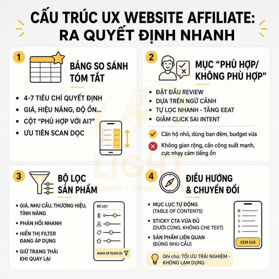 Cấu trúc UX website affiliate với bảng so sánh, bộ lọc sản phẩm và điều hướng tối ưu chuyển đổi