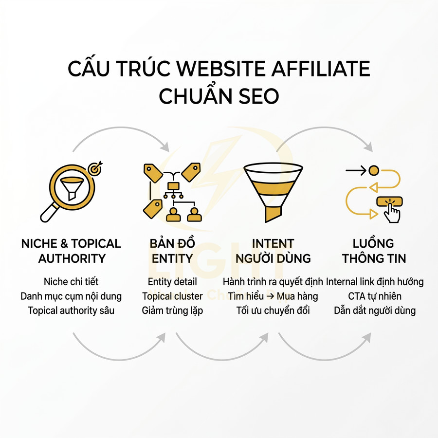 Cấu trúc website affiliate chuẩn SEO với 4 bước từ niche, bản đồ entity, intent người dùng đến luồng thông tin