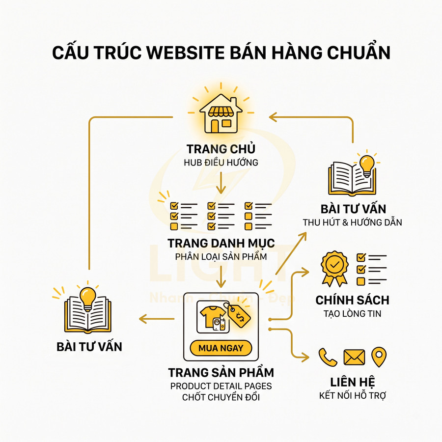 Sơ đồ cấu trúc website bán hàng chuẩn với trang chủ, danh mục, trang sản phẩm, bài tư vấn, chính sách và liên hệ