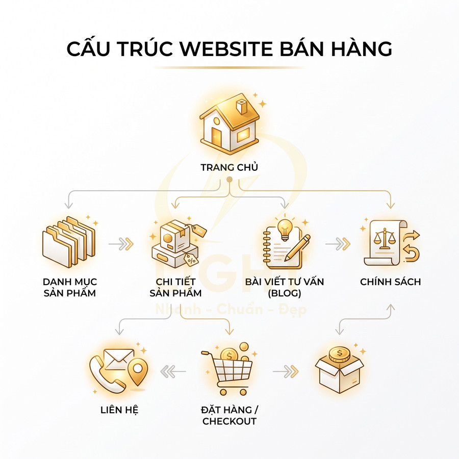 Sơ đồ cấu trúc website bán hàng với các mục trang chủ, danh mục, chi tiết sản phẩm, blog, chính sách, đặt hàng, liên hệ