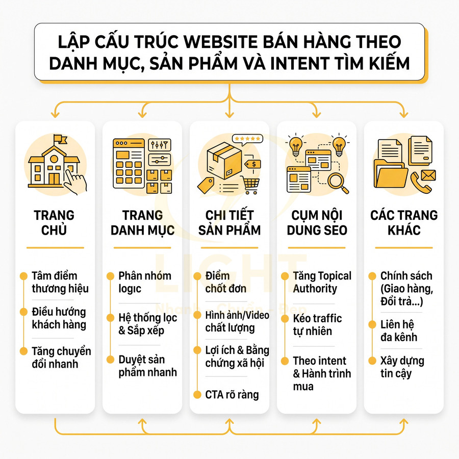 Sơ đồ cấu trúc website bán hàng theo trang chủ, danh mục, chi tiết sản phẩm, cụm nội dung SEO và các trang khác