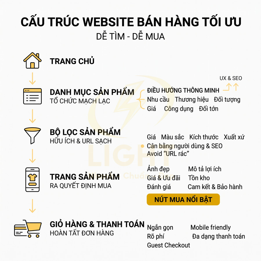 Cấu trúc website bán hàng tối ưu với các bước từ trang chủ đến giỏ hàng và thanh toán dễ tìm dễ mua