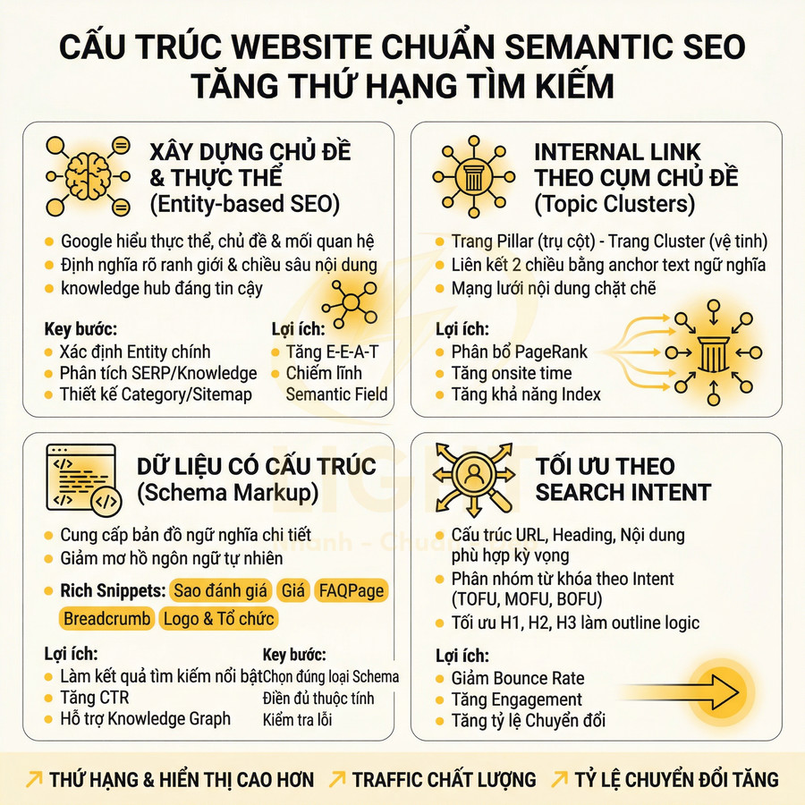 Infographic cấu trúc website chuẩn Semantic SEO với entity, internal link, schema markup và tối ưu search intent