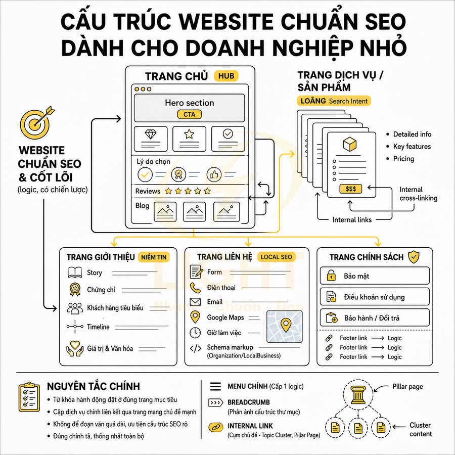 Cấu trúc website chuẩn SEO cho doanh nghiệp nhỏ với các trang chủ, dịch vụ, giới thiệu, liên hệ và chính sách
