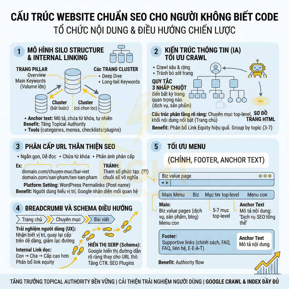 Infographic hướng dẫn cấu trúc website chuẩn SEO, tổ chức nội dung và điều hướng chiến lược cho người không biết code