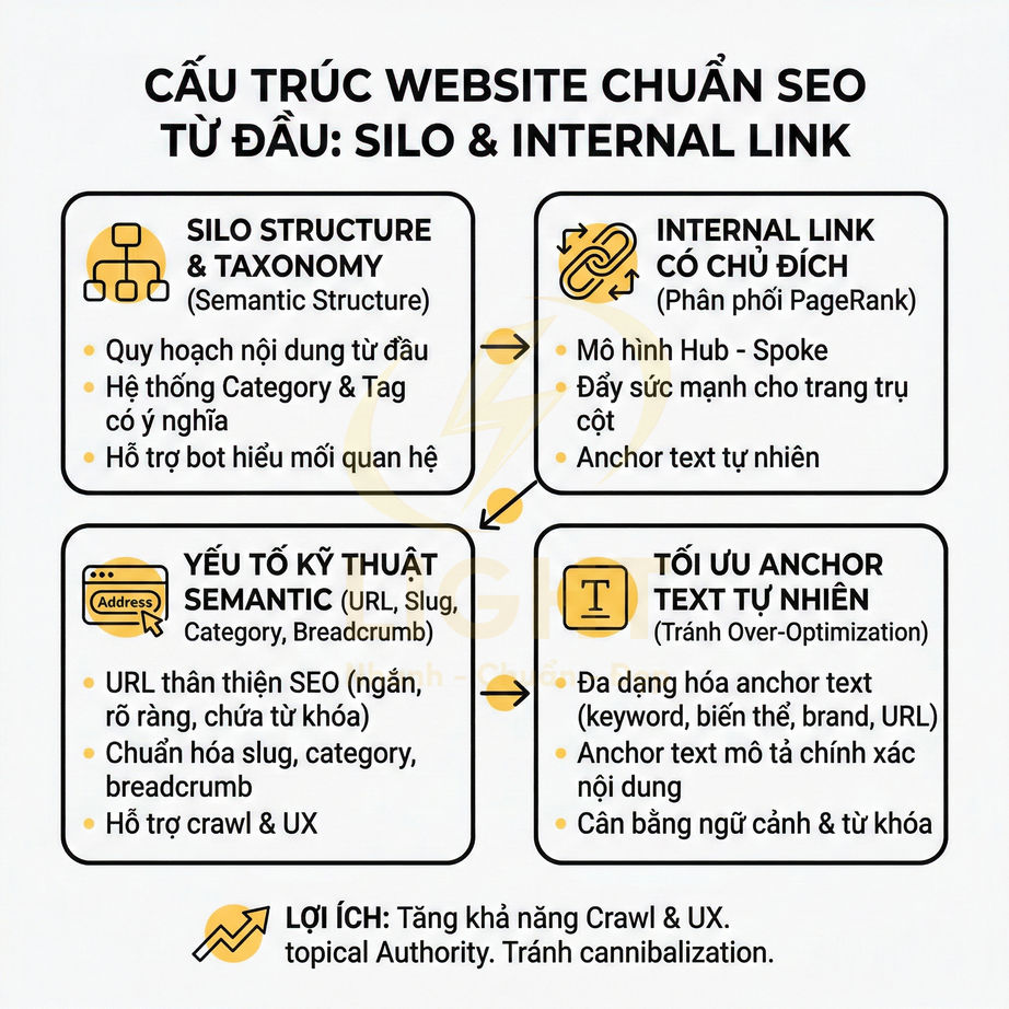 Cấu trúc website chuẩn SEO với mô hình silo, internal link, yếu tố semantic và tối ưu anchor text tự nhiên