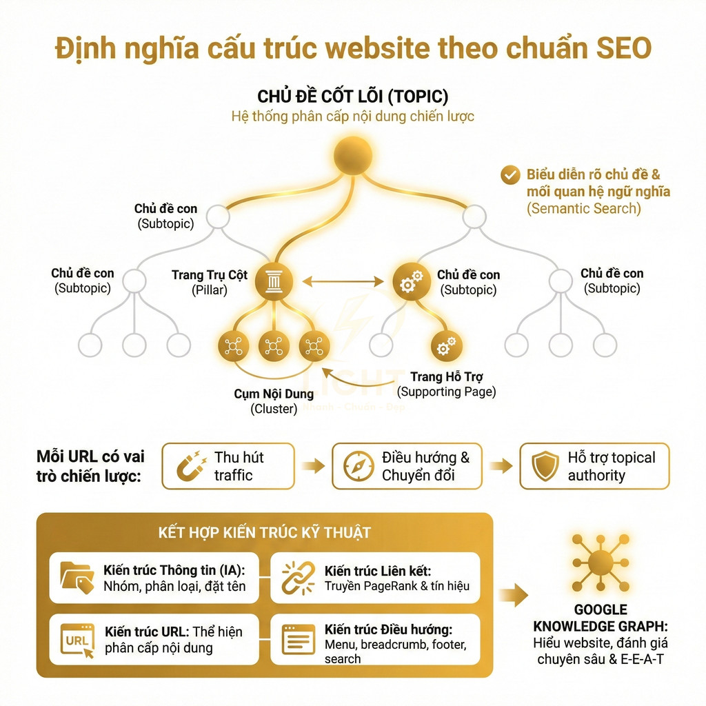 Sơ đồ cấu trúc website chuẩn SEO với chủ đề cốt lõi, pillar page, cụm nội dung và trang hỗ trợ