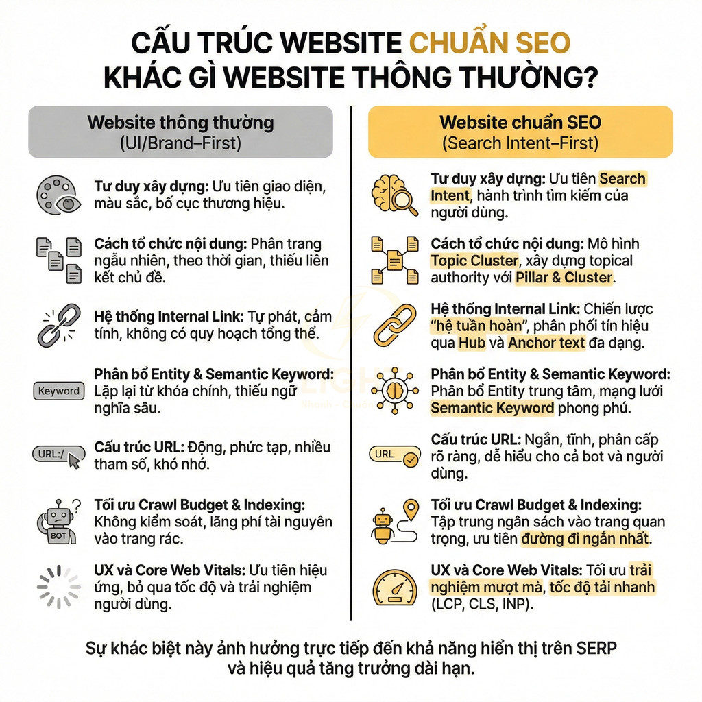 So sánh cấu trúc website chuẩn SEO và website thông thường với các tiêu chí tối ưu nội dung và kỹ thuật