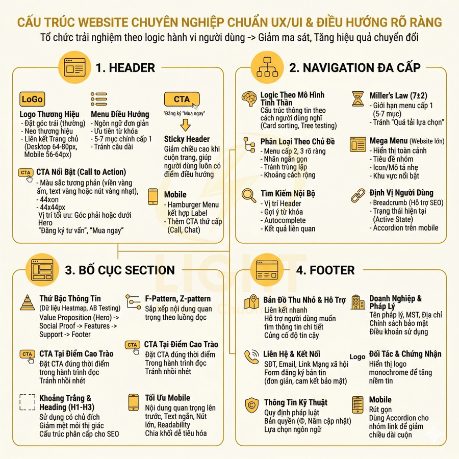 Infographic cấu trúc website chuyên nghiệp chuẩn UX UI với hướng dẫn thiết kế header navigation section và footer