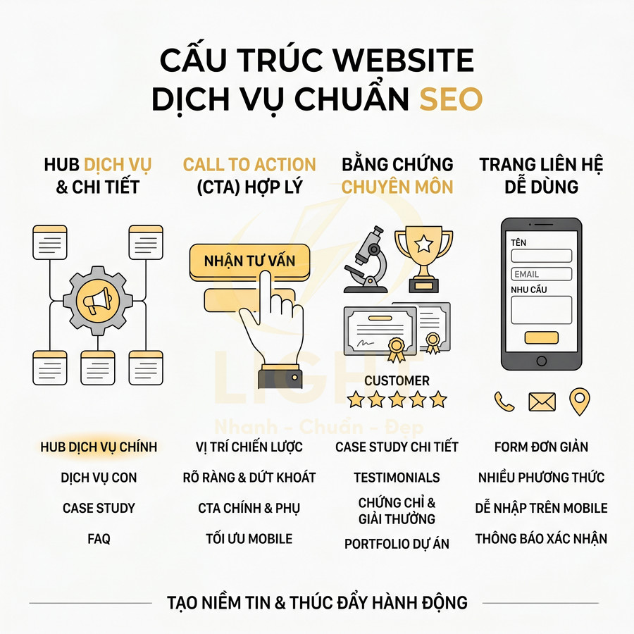Cấu trúc website dịch vụ chuẩn SEO với hub dịch vụ, nút nhận tư vấn, bằng chứng chuyên môn và form liên hệ trên mobile
