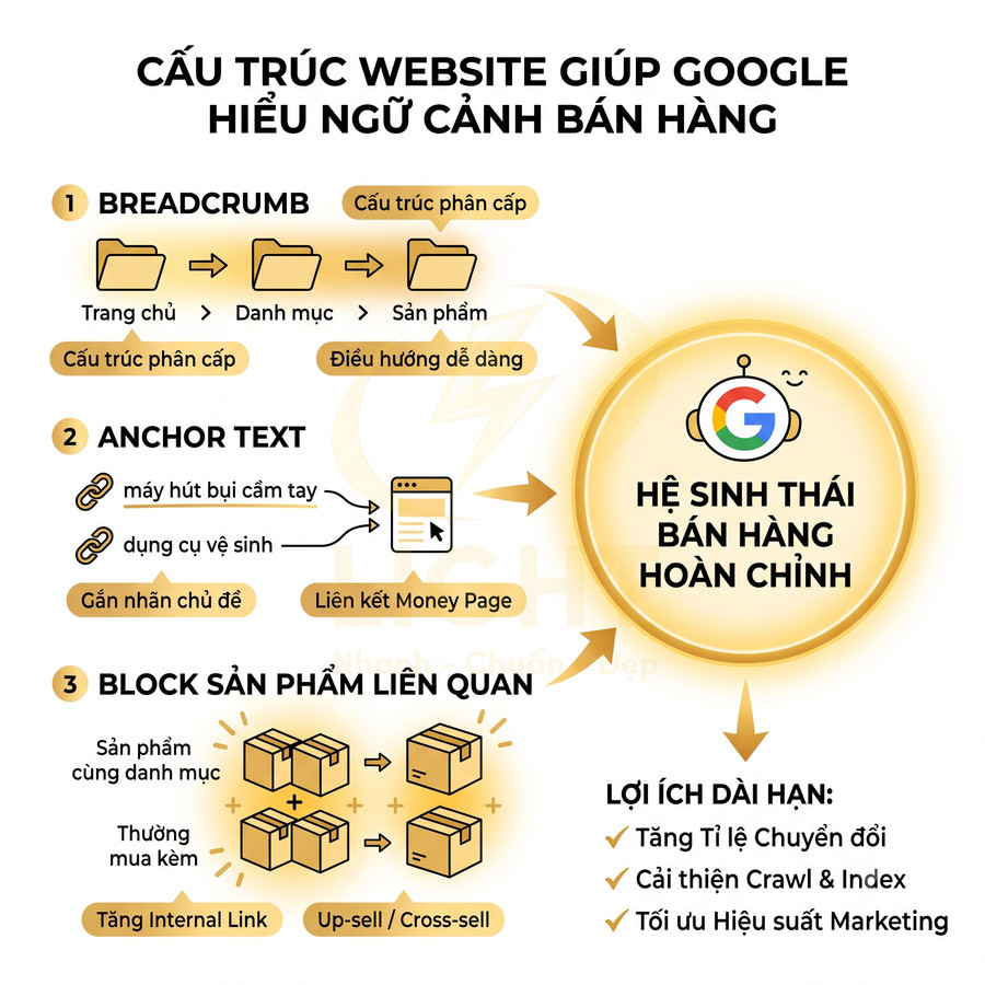 Infographic cấu trúc website bán hàng chuẩn SEO với breadcrumb, anchor text và block sản phẩm liên quan