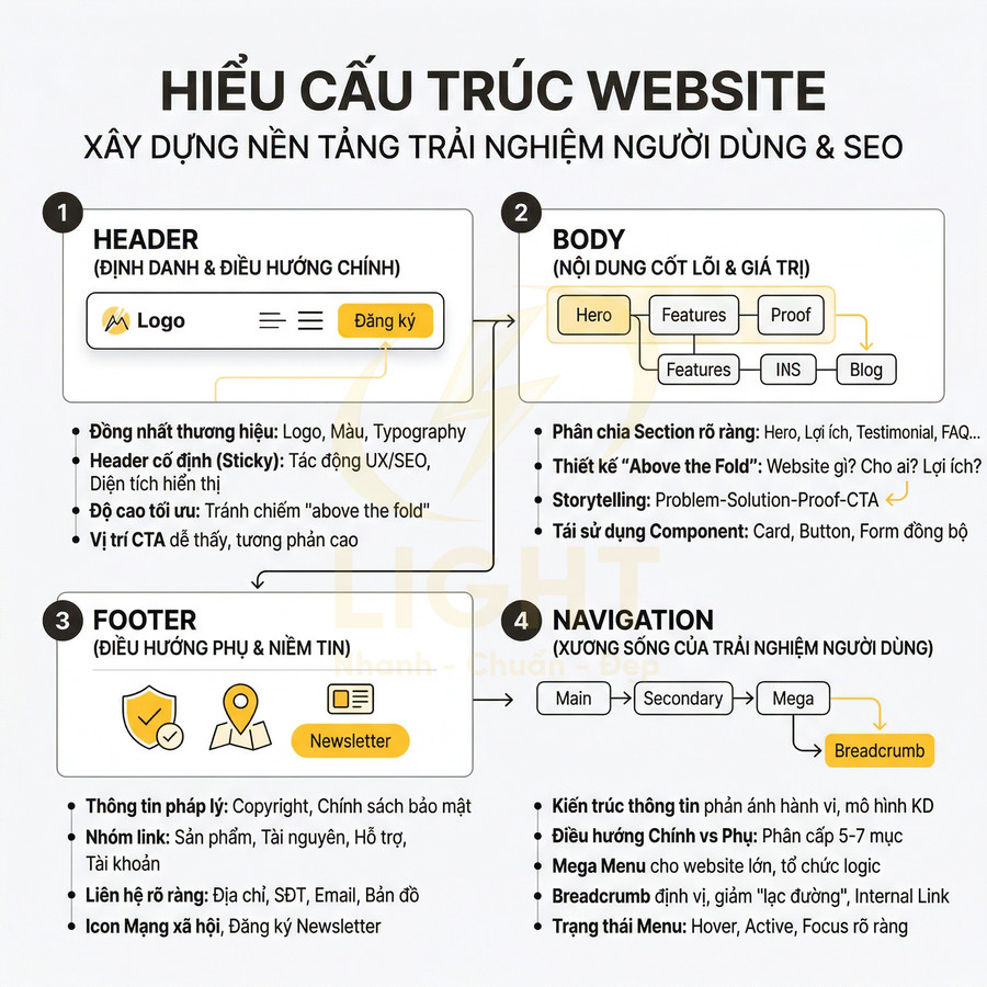 Infographic hướng dẫn cấu trúc website chuẩn SEO với phần header, body, footer, navigation và phân biệt frontend backend