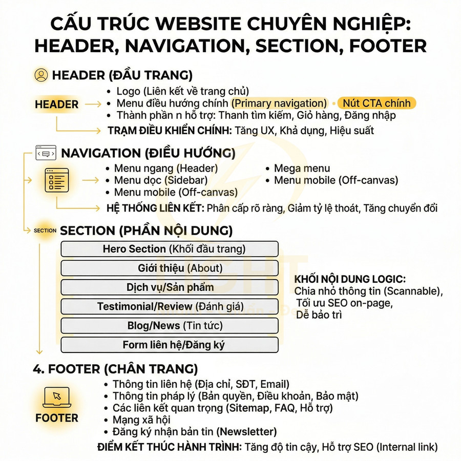 Cấu trúc website minh họa header navigation section footer và các thành phần nội dung chính