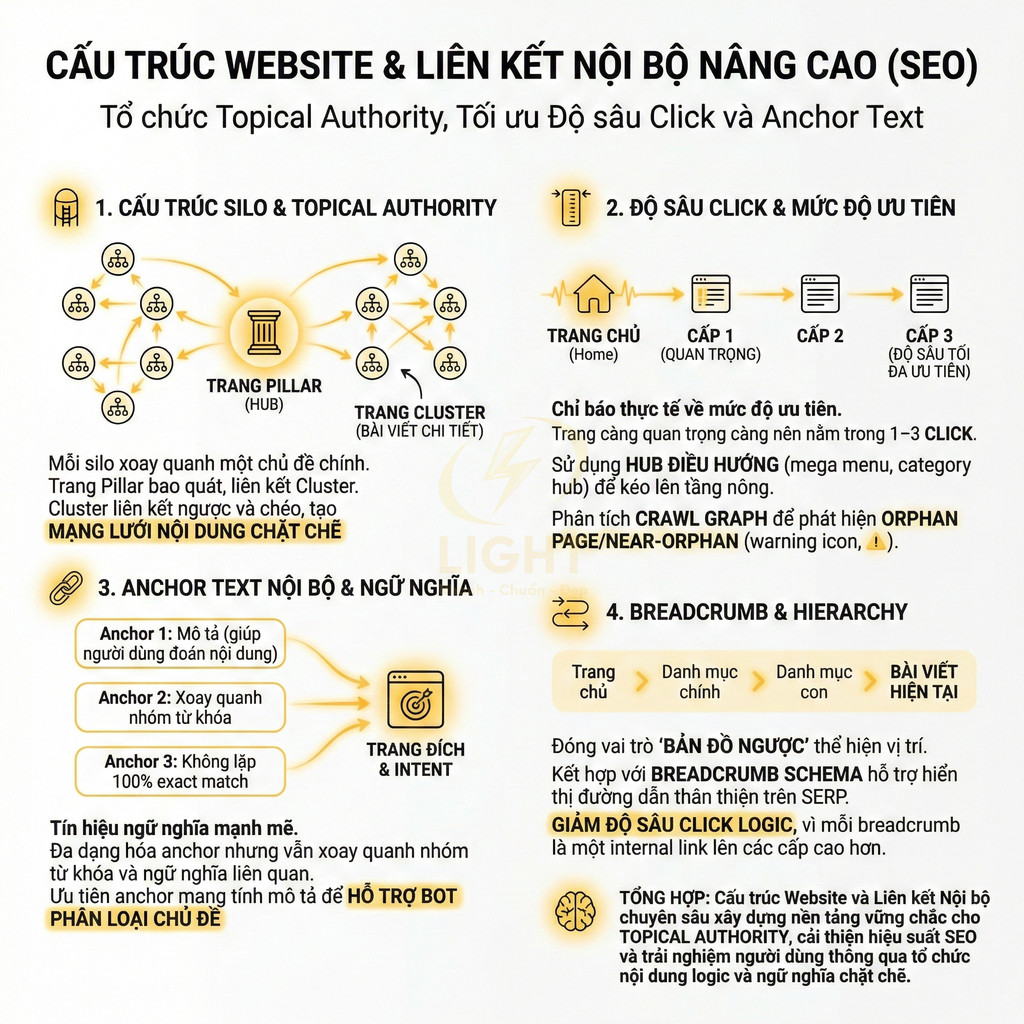 Infographic hướng dẫn cấu trúc website và liên kết nội bộ nâng cao để tối ưu SEO và topical authority