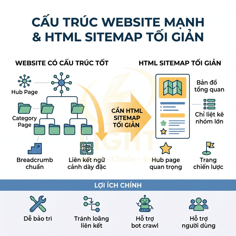 Cấu trúc website mạnh và HTML sitemap tối giản với sơ đồ hub page, category page và lợi ích chính cho SEO