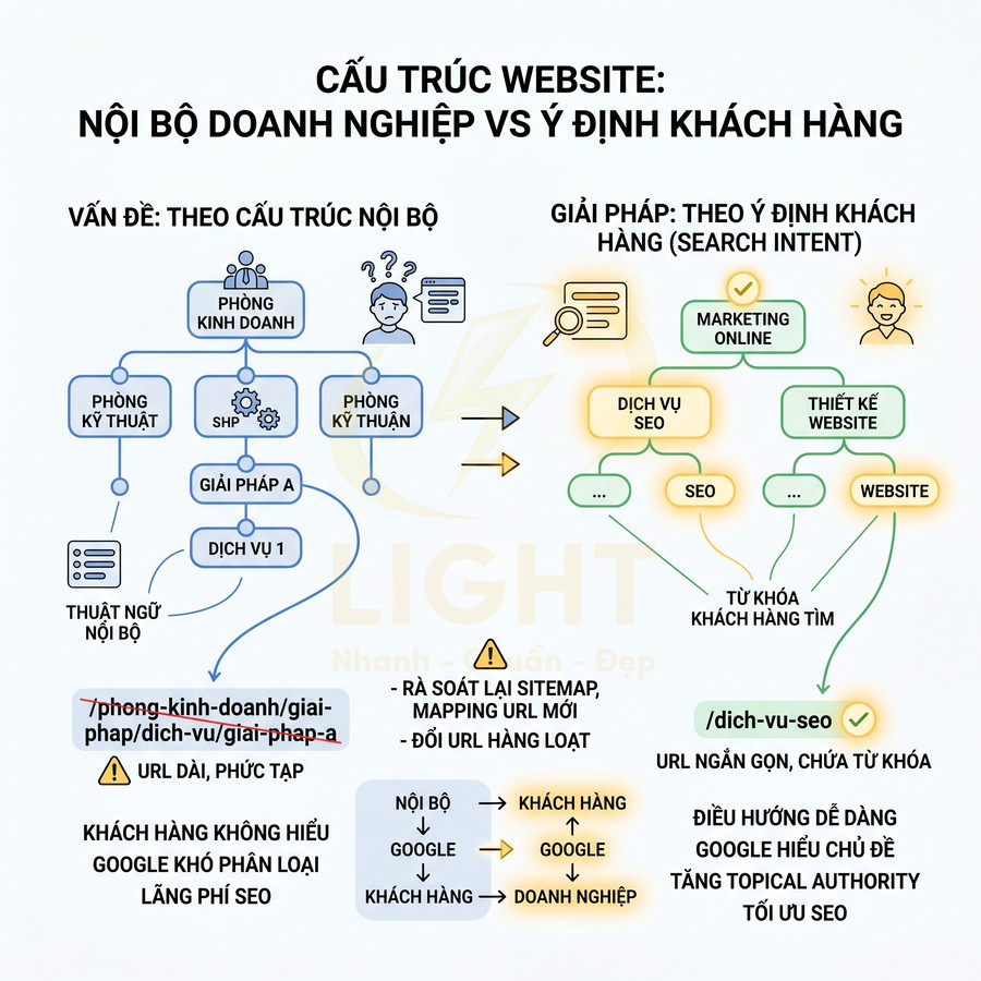 Sơ đồ so sánh cấu trúc website theo nội bộ doanh nghiệp và theo ý định tìm kiếm khách hàng để tối ưu SEO