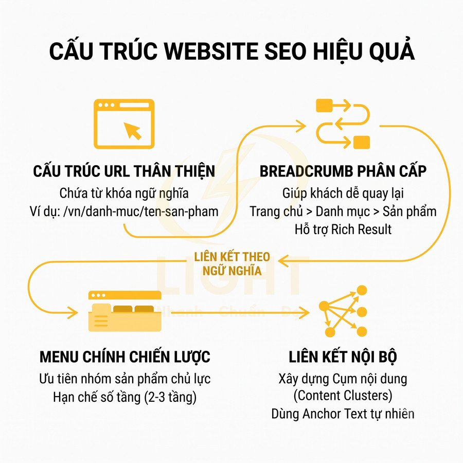 Infographic cấu trúc website SEO hiệu quả với URL thân thiện, breadcrumb, menu chính và liên kết nội bộ