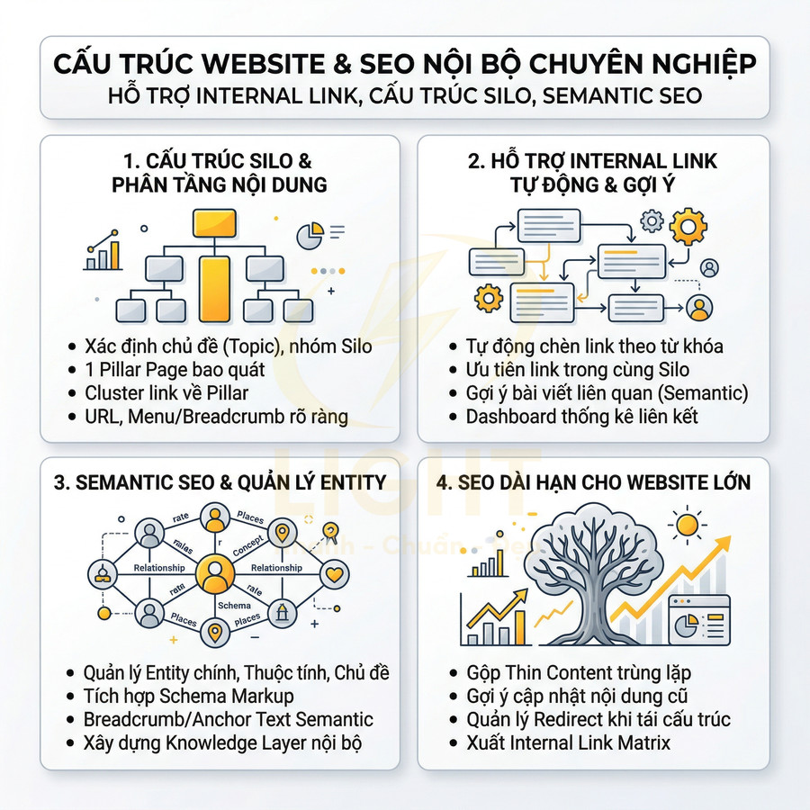 Infographic cấu trúc website và SEO nội bộ chuyên nghiệp với silo, internal link, semantic SEO và chiến lược cho website lớn