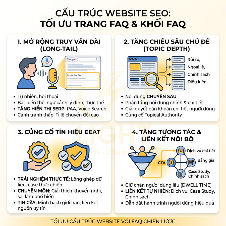 Cấu trúc website SEO tối ưu trang FAQ với 4 lợi ích: mở rộng truy vấn dài, tăng chiều sâu chủ đề, củng cố EEAT, tăng liên kết nội bộ