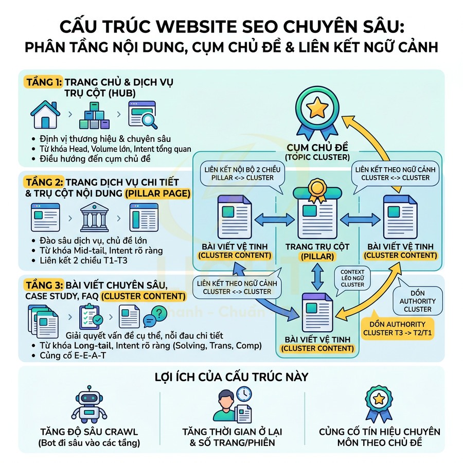 Sơ đồ cấu trúc website SEO chuyên sâu với các tầng nội dung, topic cluster và lợi ích tối ưu hóa tìm kiếm