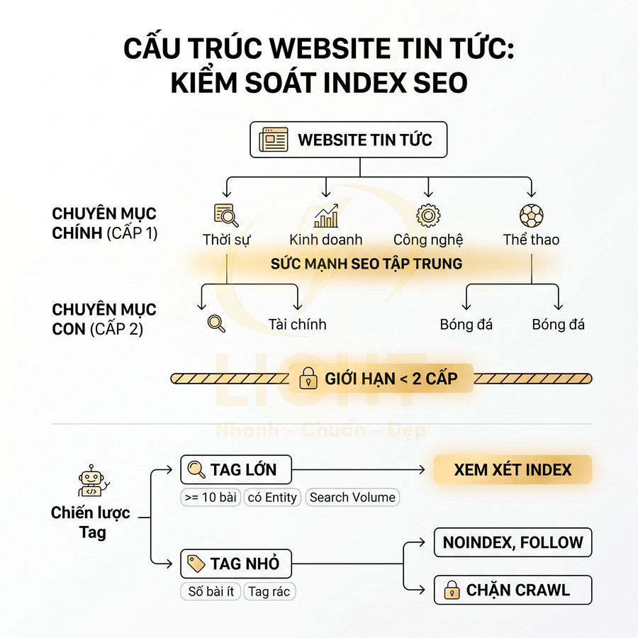 Cấu trúc website tin tức với chuyên mục chính, chuyên mục con và chiến lược tag để kiểm soát index SEO
