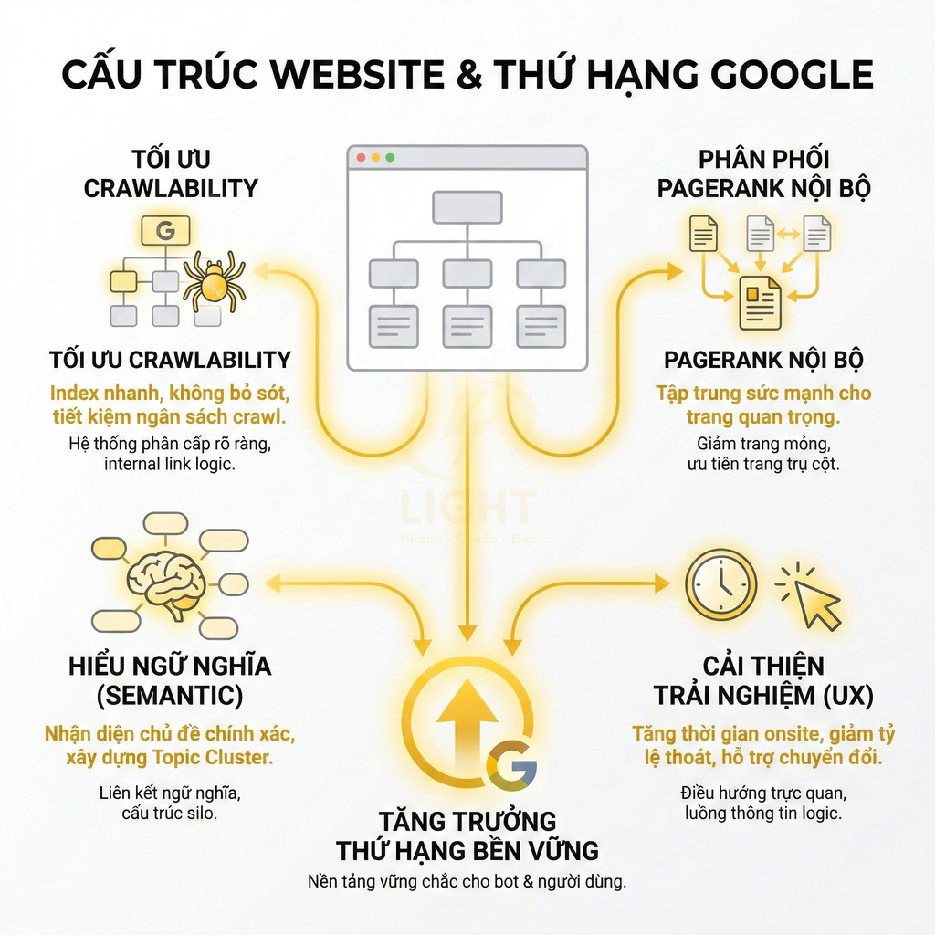 Infographic cấu trúc website chuẩn SEO giúp tối ưu crawlability, pagerank nội bộ, semantic và trải nghiệm người dùng