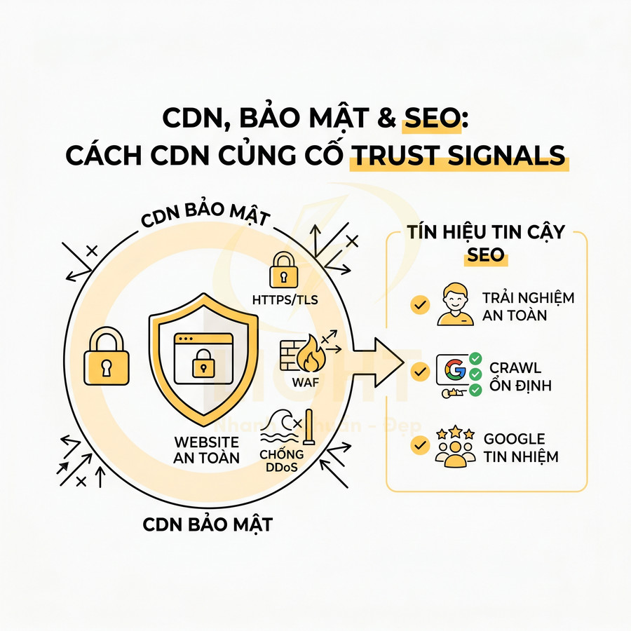Minh họa CDN bảo mật giúp website an toàn, chống DDoS, HTTPS TLS, cải thiện tín hiệu tin cậy SEO
