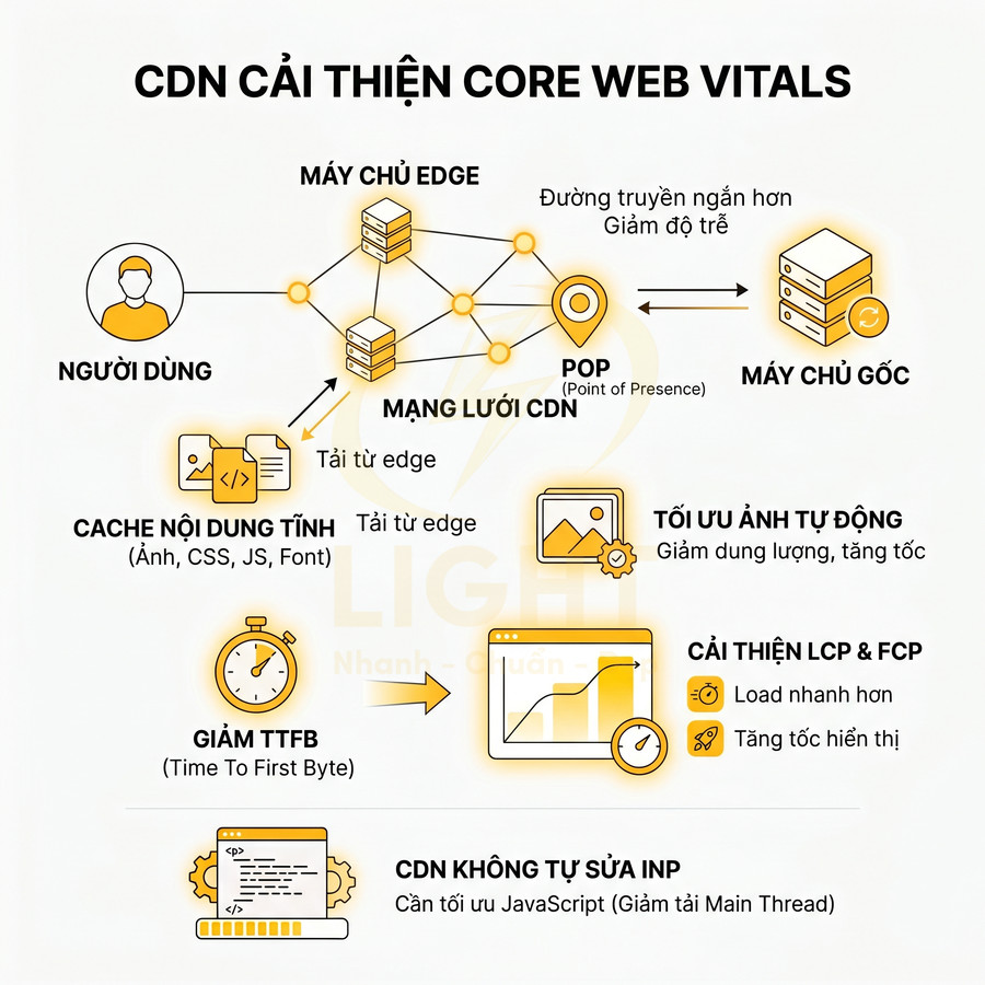 Mô hình mạng lưới CDN giúp cải thiện Core Web Vitals với cache nội dung tĩnh, tối ưu ảnh và giảm TTFB