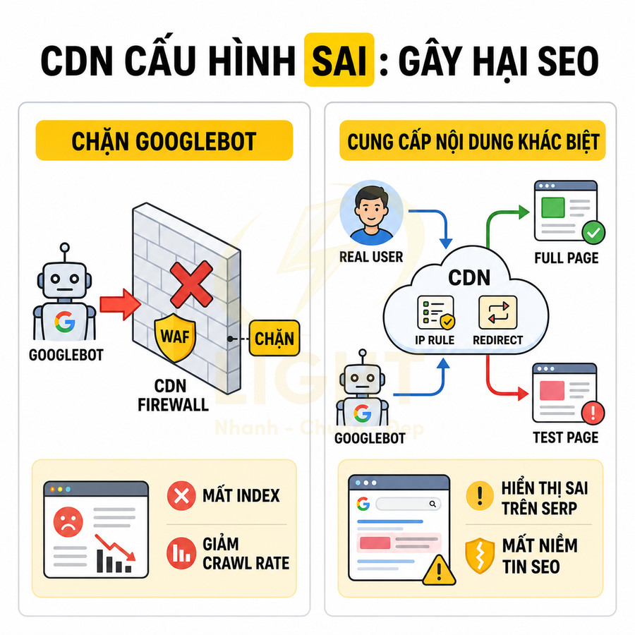 Minh họa CDN cấu hình sai chặn Googlebot và cung cấp nội dung khác nhau gây hại SEO cho website
