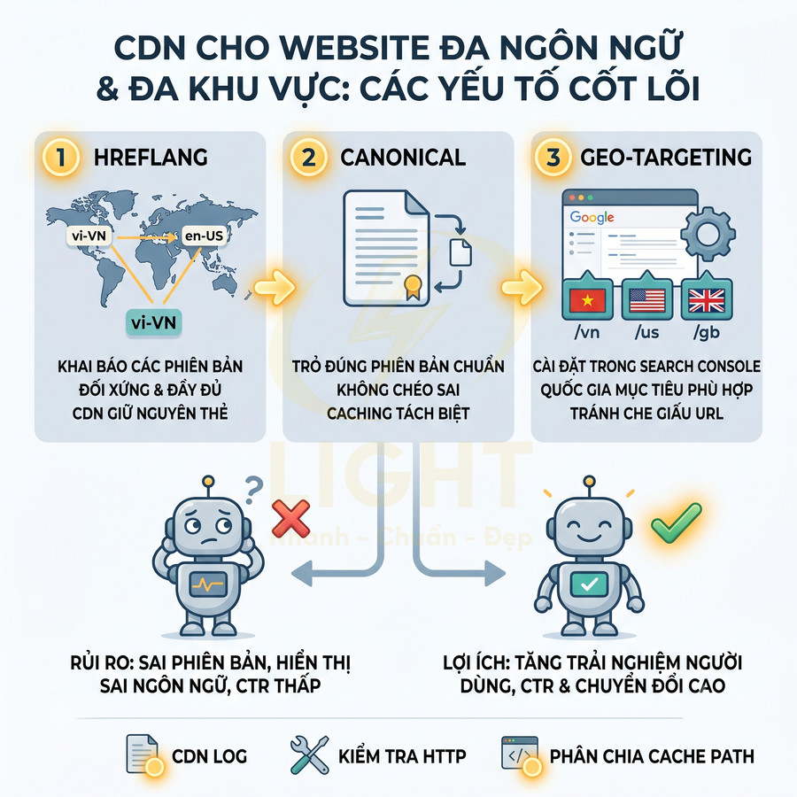 Infographic hướng dẫn tối ưu CDN cho website đa ngôn ngữ với hreflang canonical và geo targeting