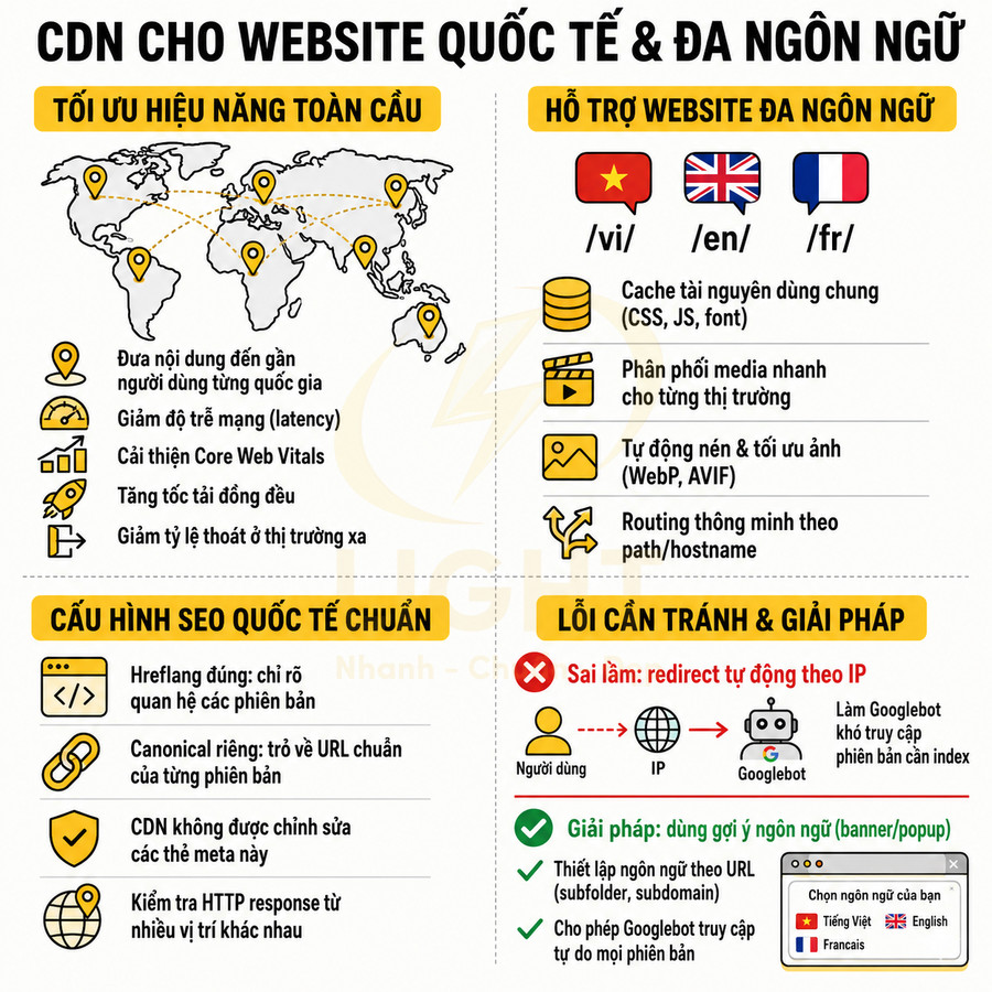 Infographic hướng dẫn tối ưu CDN cho website quốc tế đa ngôn ngữ và cấu hình SEO chuẩn