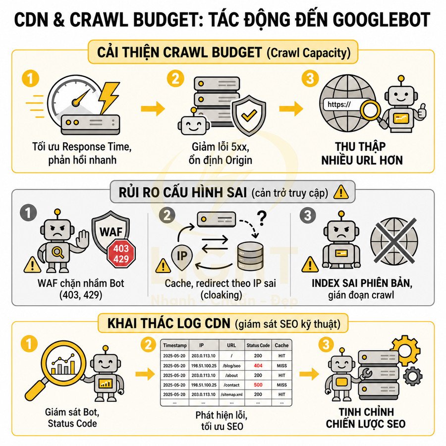 Infographic CDN và crawl budget mô tả cách tối ưu Googlebot, rủi ro cấu hình sai và khai thác log CDN cho SEO