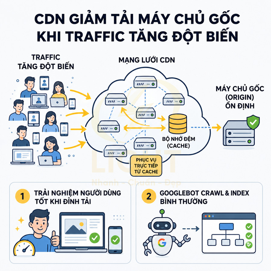 Mô tả cách CDN giảm tải máy chủ gốc, cải thiện trải nghiệm người dùng và hỗ trợ Googlebot crawl index ổn định