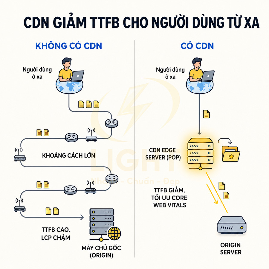 So sánh đường truyền không có CDN và có CDN giúp giảm TTFB cho người dùng truy cập website từ xa