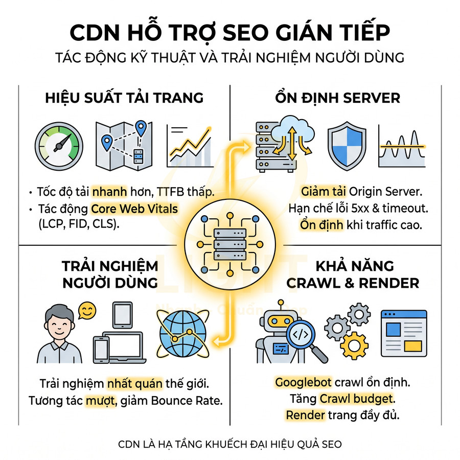 Infographic lợi ích CDN cho SEO: tăng tốc độ tải trang, ổn định server, cải thiện trải nghiệm người dùng và khả năng crawl render