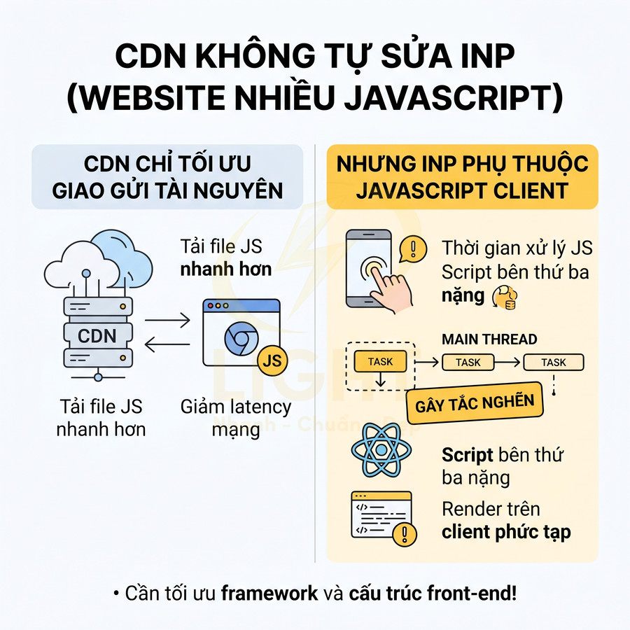 Infographic giải thích CDN không tự cải thiện chỉ số INP cho website nhiều JavaScript và cần tối ưu framework front end