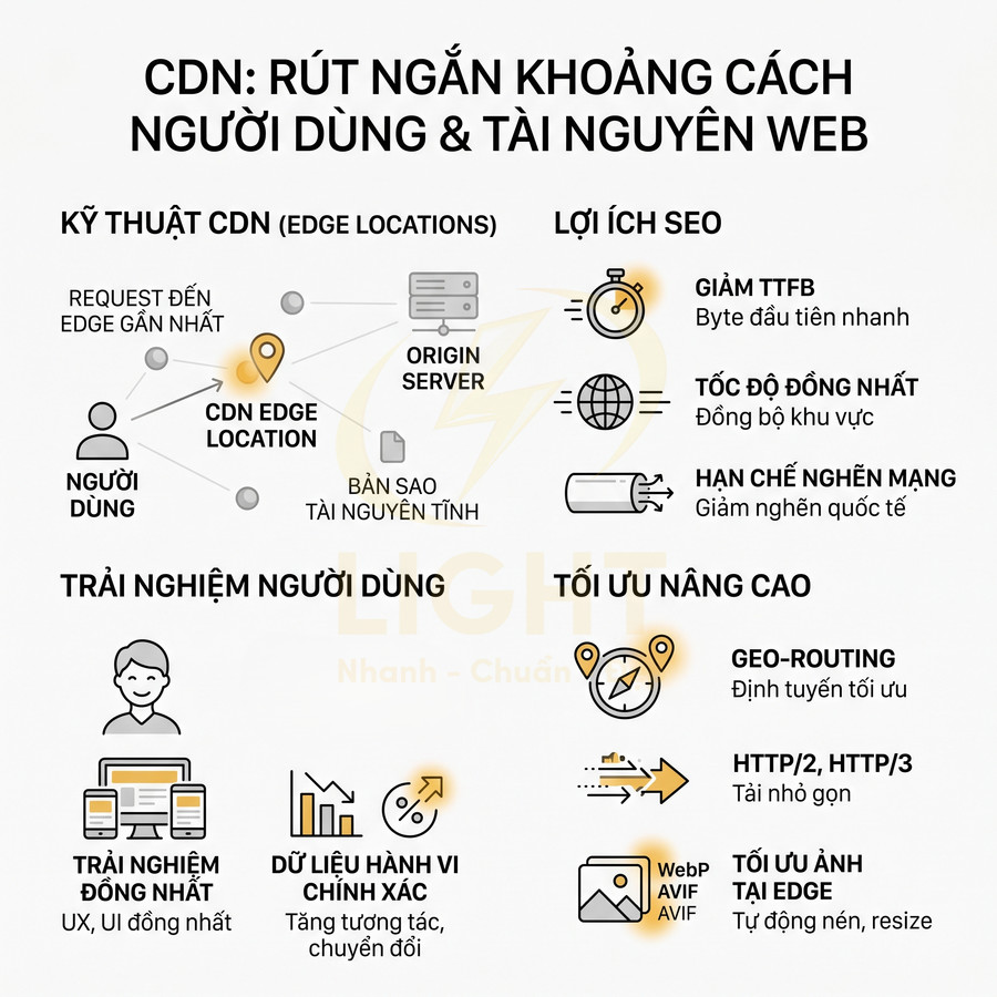 Infographic giải thích CDN rút ngắn khoảng cách người dùng và tài nguyên web, lợi ích SEO và tối ưu trải nghiệm truy cập