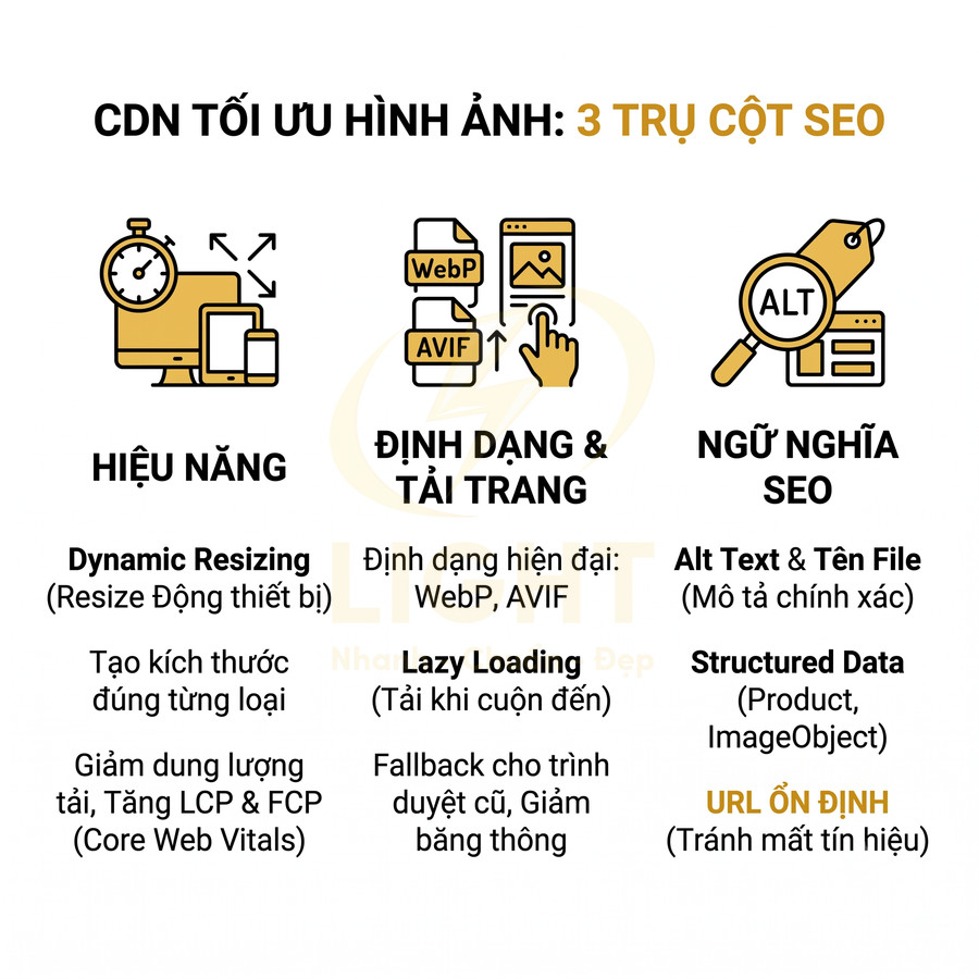 CDN tối ưu hình ảnh với 3 trụ cột SEO về hiệu năng, định dạng tải trang và ngữ nghĩa SEO