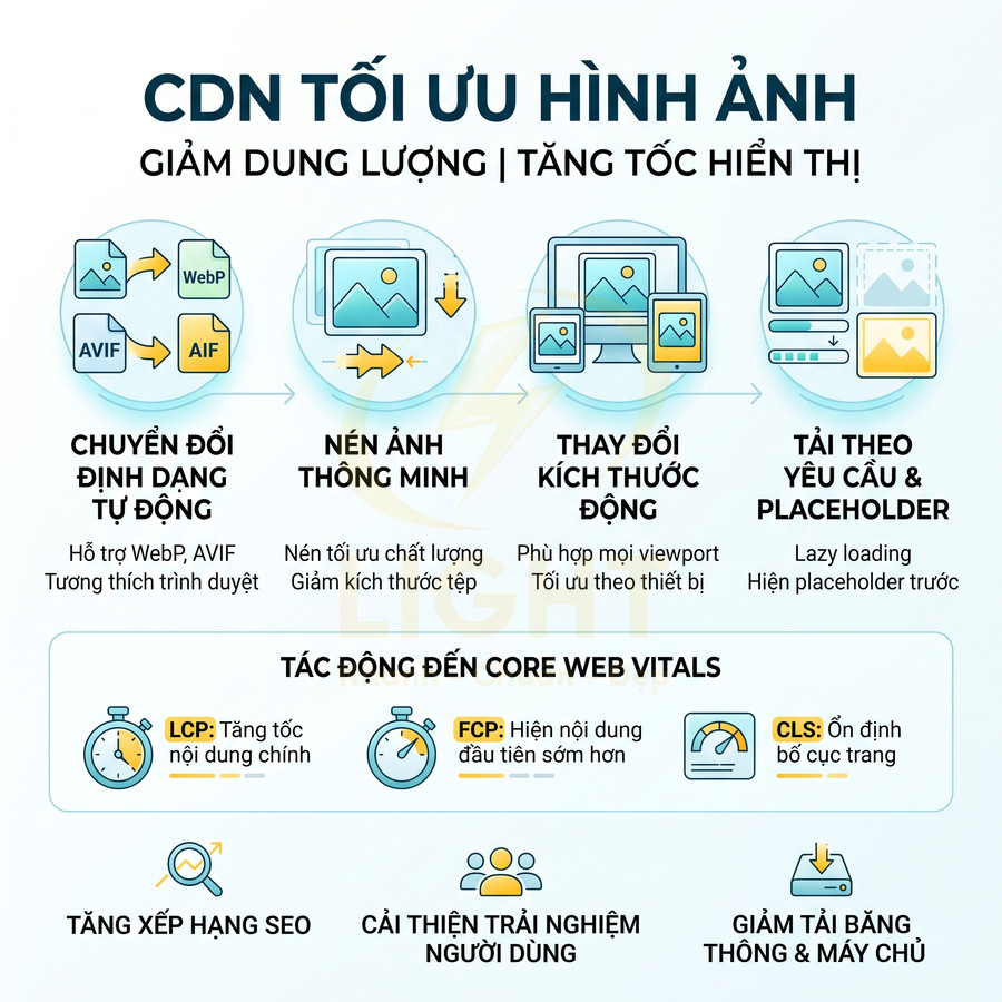Infographic về CDN tối ưu hình ảnh giúp giảm dung lượng, tăng tốc hiển thị và cải thiện Core Web Vitals