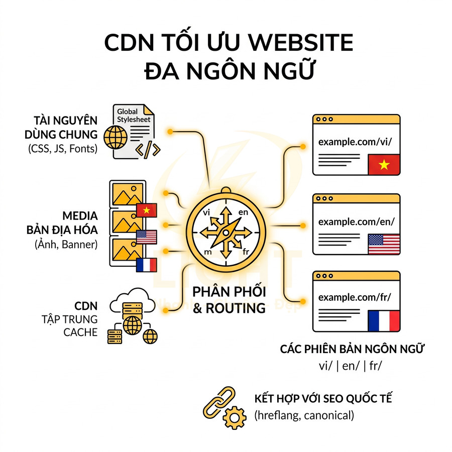 Mô hình CDN tối ưu website đa ngôn ngữ với phân phối nội dung, cache tập trung và SEO quốc tế