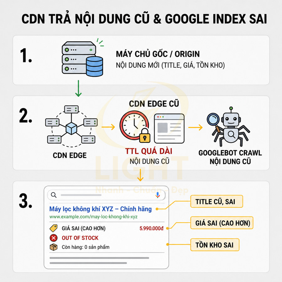 Sơ đồ quy trình CDN trả nội dung cũ khiến Google index sai giá, tồn kho và tiêu đề sản phẩm trên website
