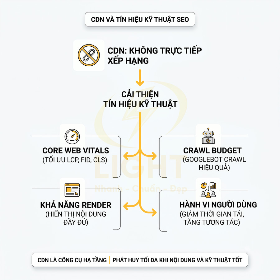 Sơ đồ vai trò CDN trong SEO kỹ thuật, cải thiện core web vitals, crawl budget, khả năng render và hành vi người dùng