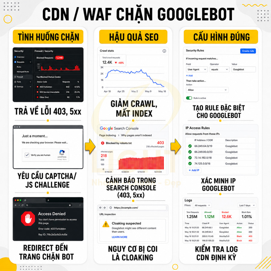 Hướng dẫn cấu hình CDN WAF tránh chặn Googlebot, giảm lỗi 403 5xx và bảo vệ hiệu quả SEO website