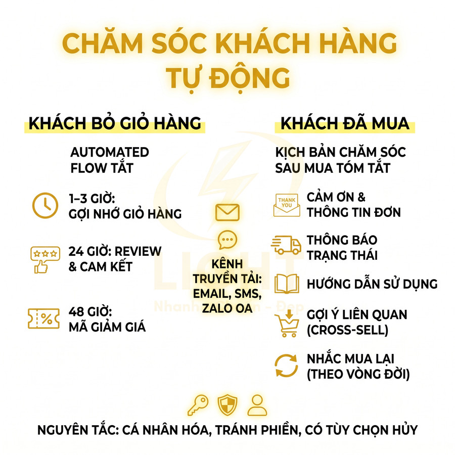 Mô tả quy trình chăm sóc khách hàng tự động cho khách bỏ giỏ hàng và khách đã mua qua email SMS Zalo