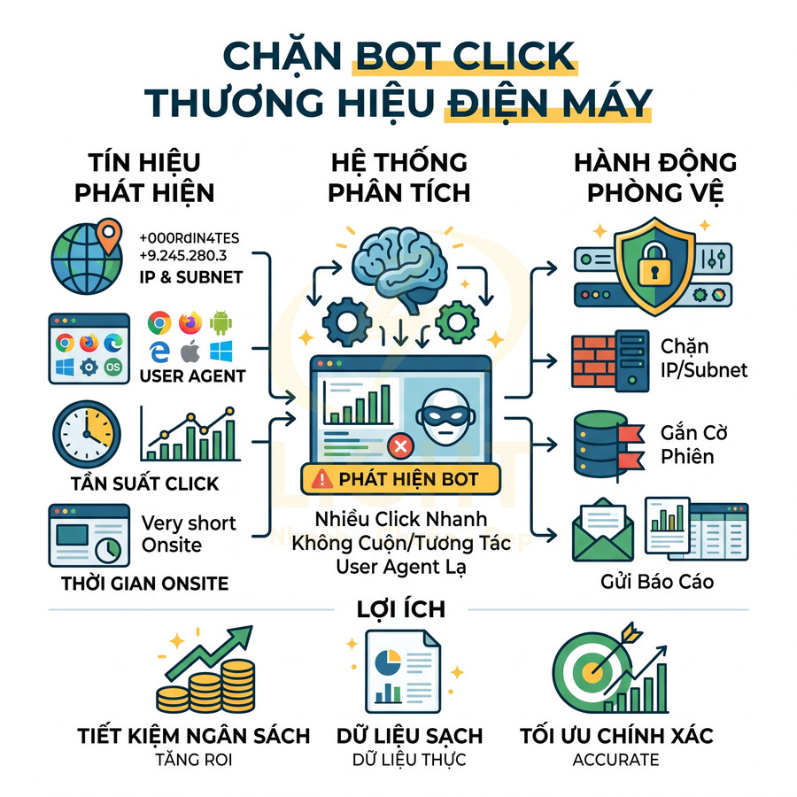 Infographic giải pháp chặn bot click cho quảng cáo điện máy, phân tích tín hiệu và bảo vệ bằng chặn IP, gắn cờ phiên, báo cáo
