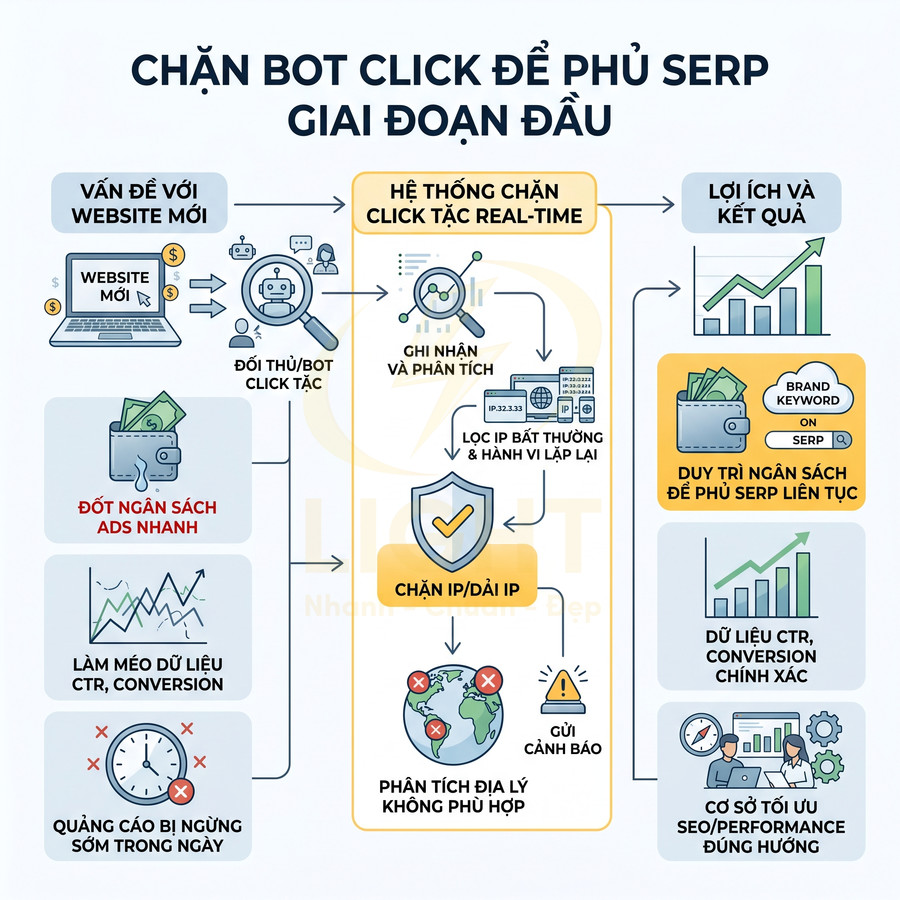 Infographic quy trình chặn bot click quảng cáo để bảo vệ ngân sách và tối ưu CTR, conversion cho website mới