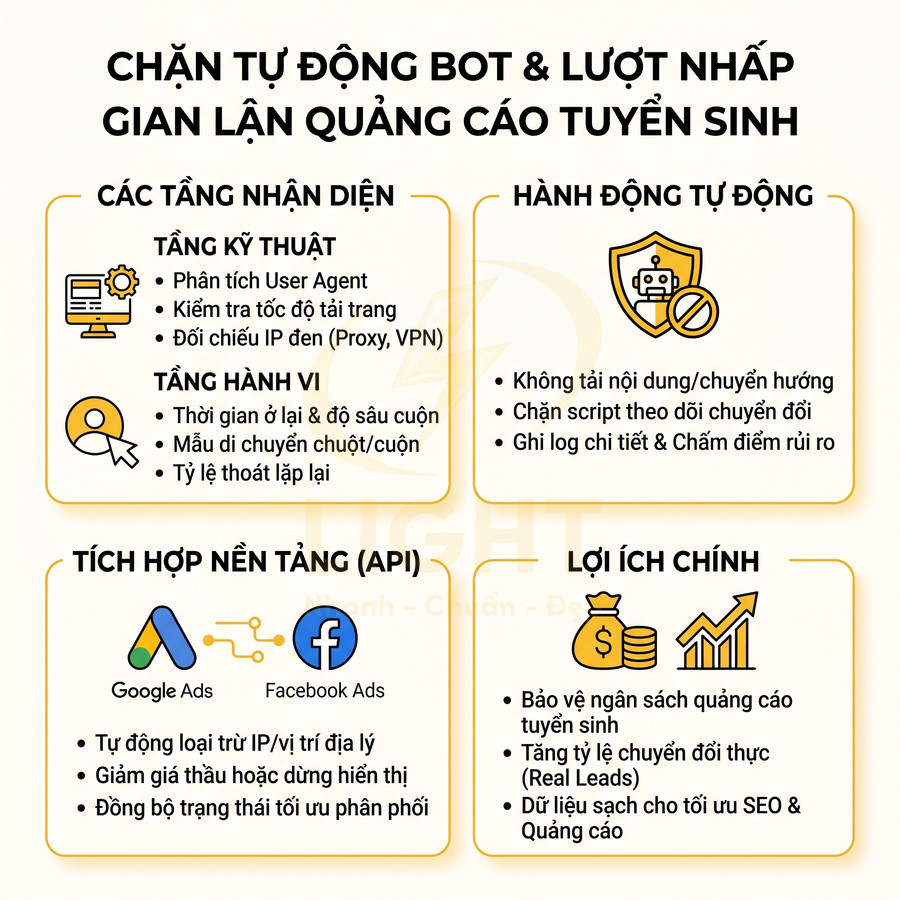 Giải pháp chặn bot và lượt nhấp gian lận quảng cáo tuyển sinh, tích hợp Google Ads và Facebook Ads