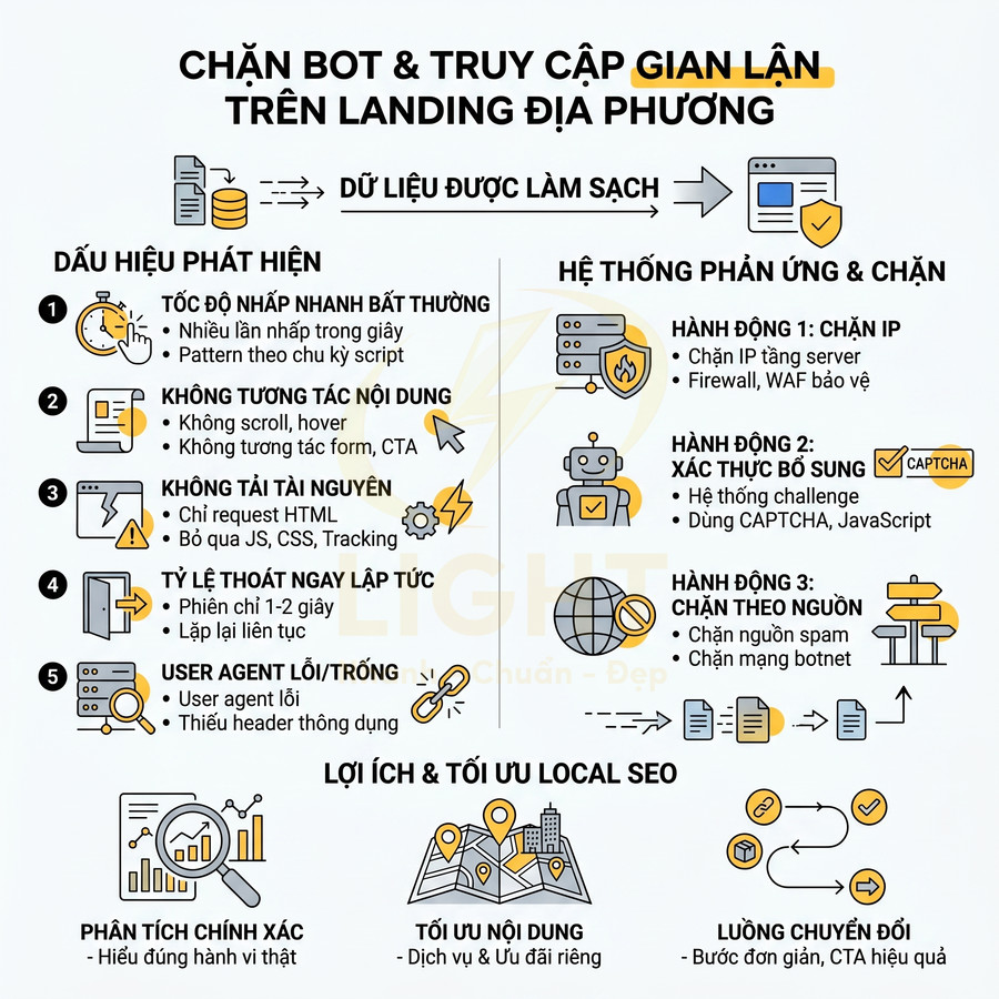 Infographic chặn bot và truy cập gian lận trên landing page địa phương, mô tả dấu hiệu nhận biết và hệ thống phản ứng